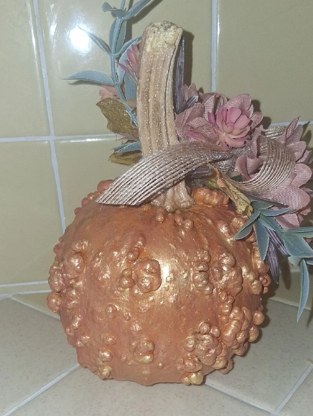 Dried Orange Decorative Pumpkin with Pink Floral Accent